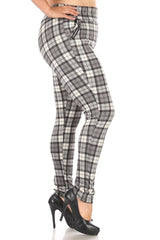 Plus Size Treggings With Zipper Pocket Trim - Gray & White Plaid - SHOSHO Fashion