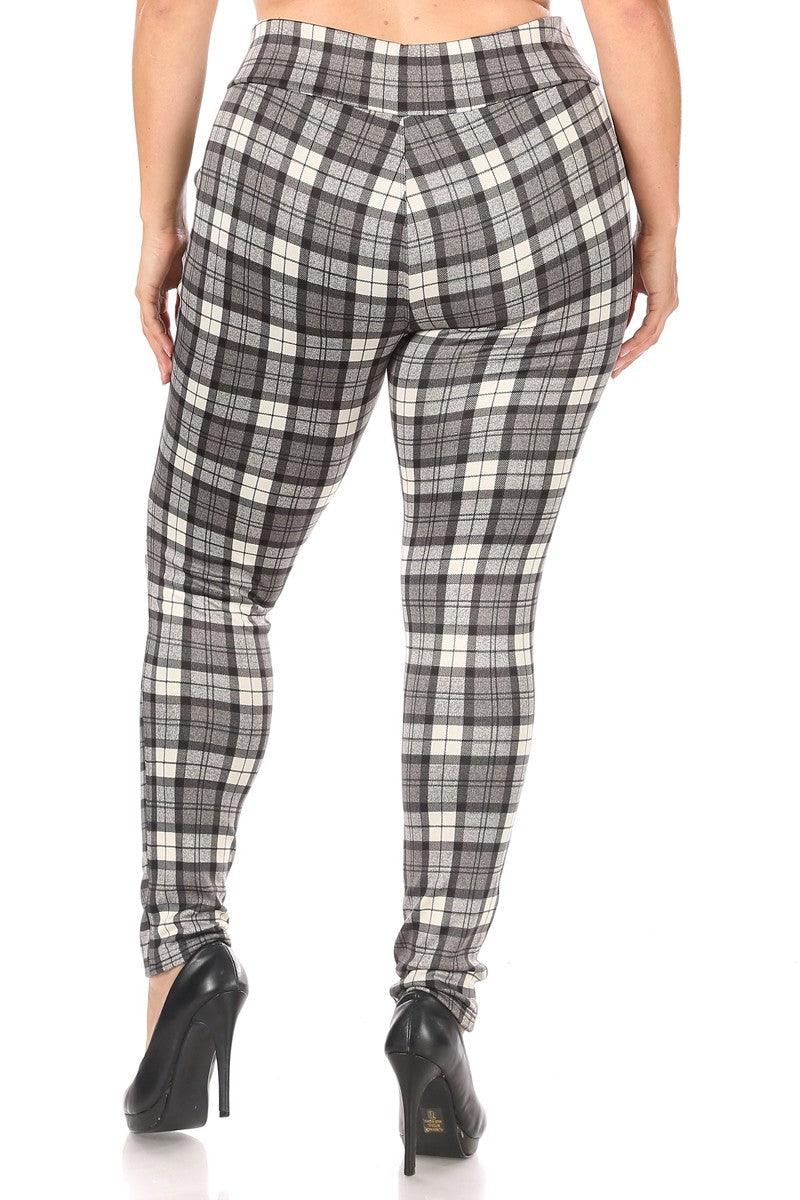 Plus Size Treggings With Zipper Pocket Trim - Gray & White Plaid - SHOSHO Fashion