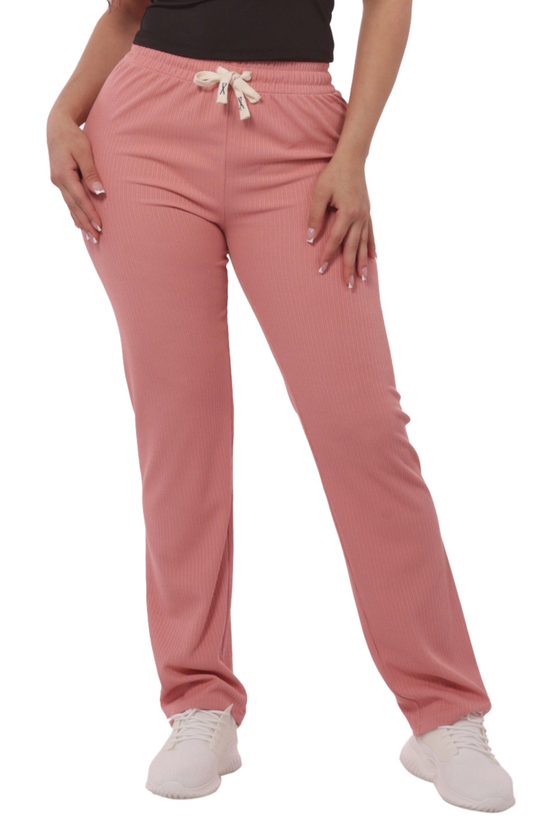 Rib Knit Straight Leg Pants With Drawstrings - Pink - SHOSHO Fashion