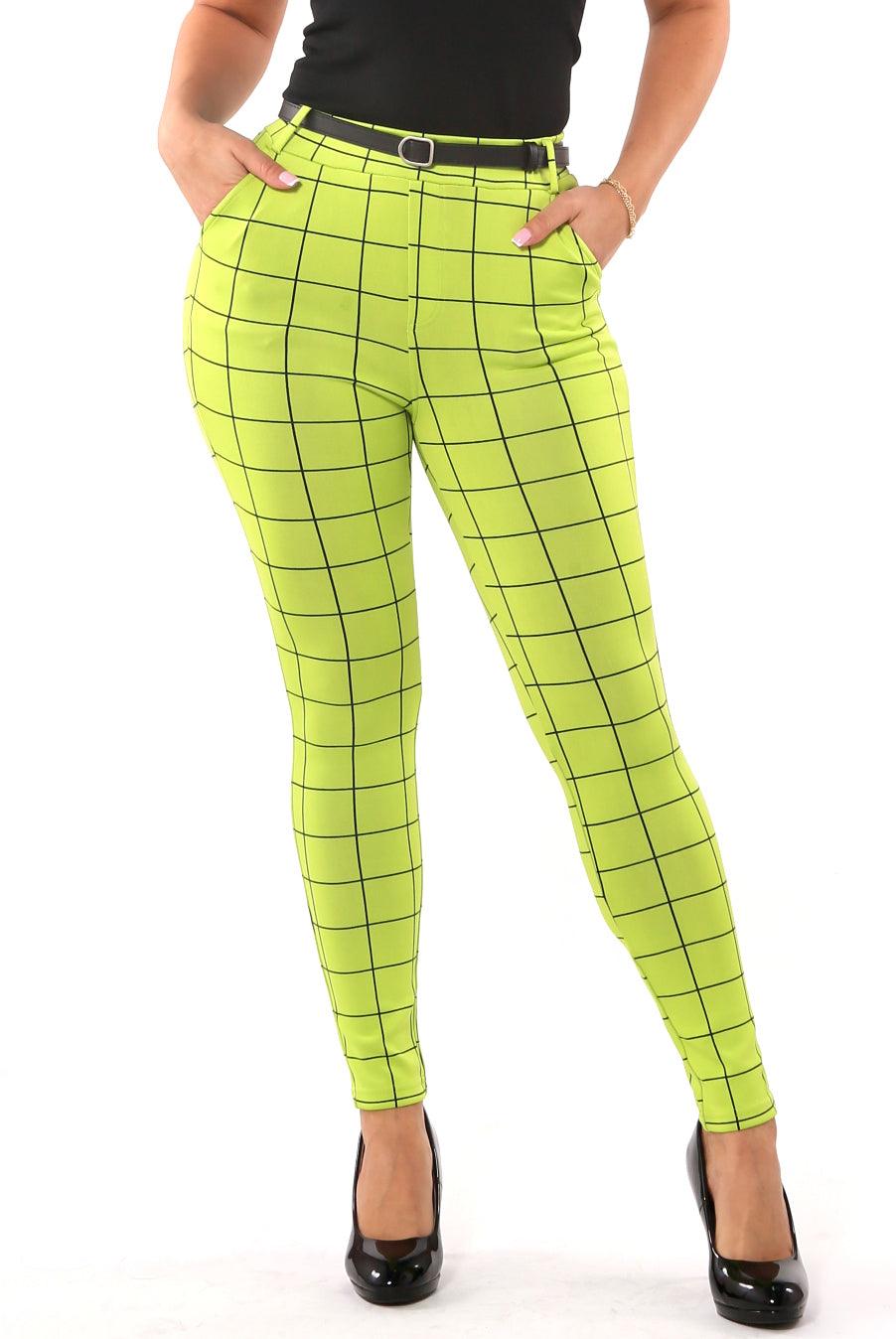 Sculpting Treggings With Faux Leather Belt - Green & Black Plaid - SHOSHO Fashion