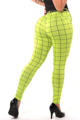 Sculpting Treggings With Faux Leather Belt - Green & Black Plaid - SHOSHO Fashion