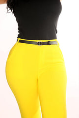 Sculpting Treggings With Faux Leather Belt - Yellow - SHOSHO Fashion