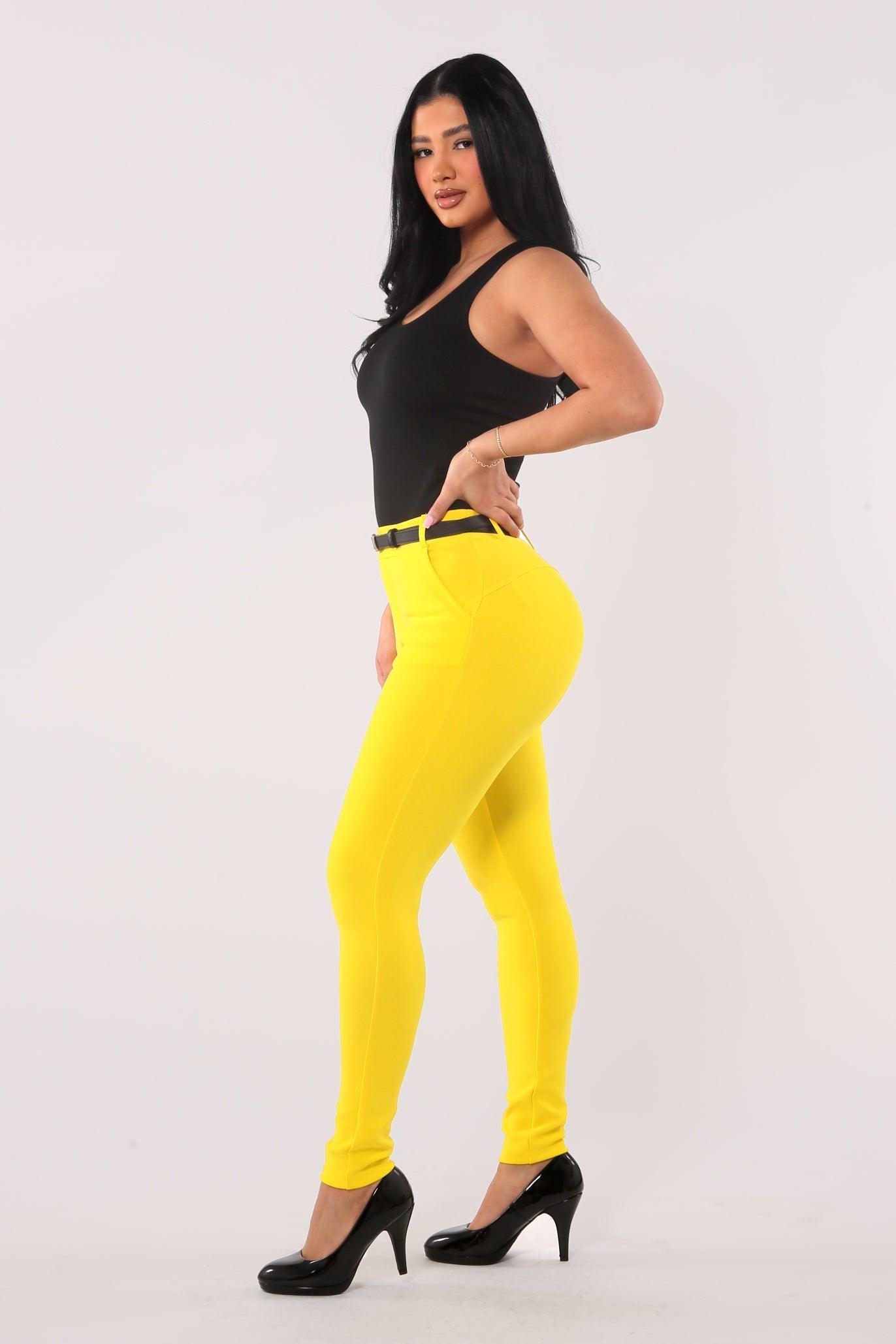 Sculpting Treggings With Faux Leather Belt - Yellow - SHOSHO Fashion