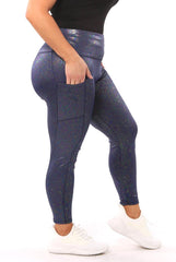 Shiny Heat Seal Print High Waist Tummy Control Sports Leggings With Pockets - Blue - SHOSHO Fashion