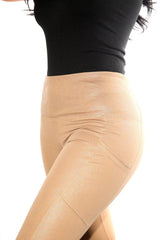 Shiny Heat Seal Print High Waist Tummy Control Sports Leggings With Pockets - Tan - SHOSHO Fashion
