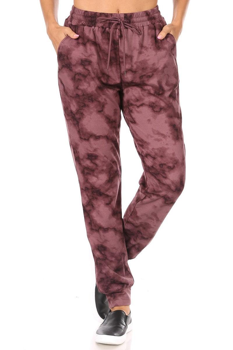 Soft Brushed Fleece Lined Sweatpants - Burgundy Tie Dye - SHOSHO Fashion