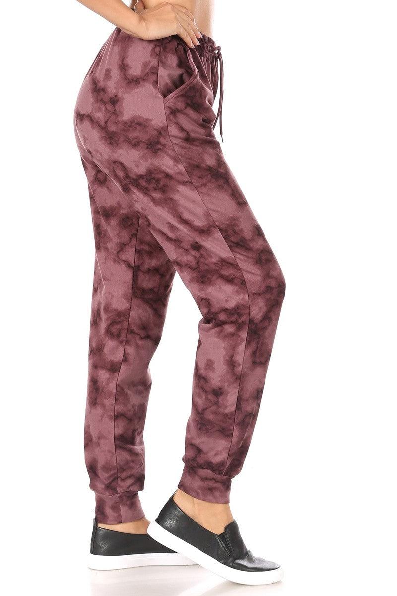 Soft Brushed Fleece Lined Sweatpants - Burgundy Tie Dye - SHOSHO Fashion