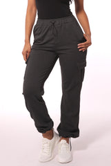 Straight Leg Cargo Pants With Bungee Cord Ties - Charcoal - SHOSHO Fashion
