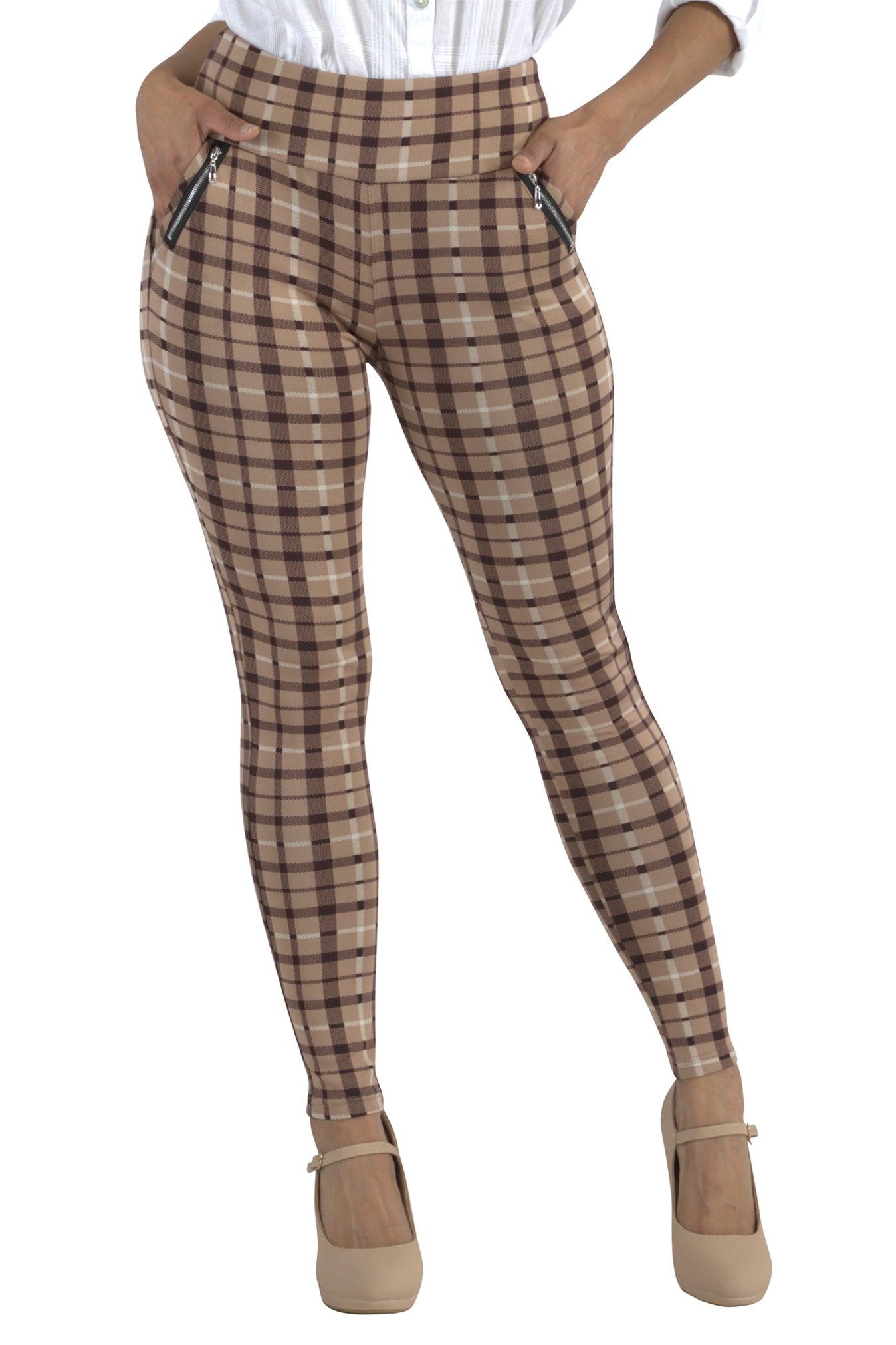 Tregging Skinny Pants With Zipper Pockets - Beige, Brown Plaid - SHOSHO Fashion