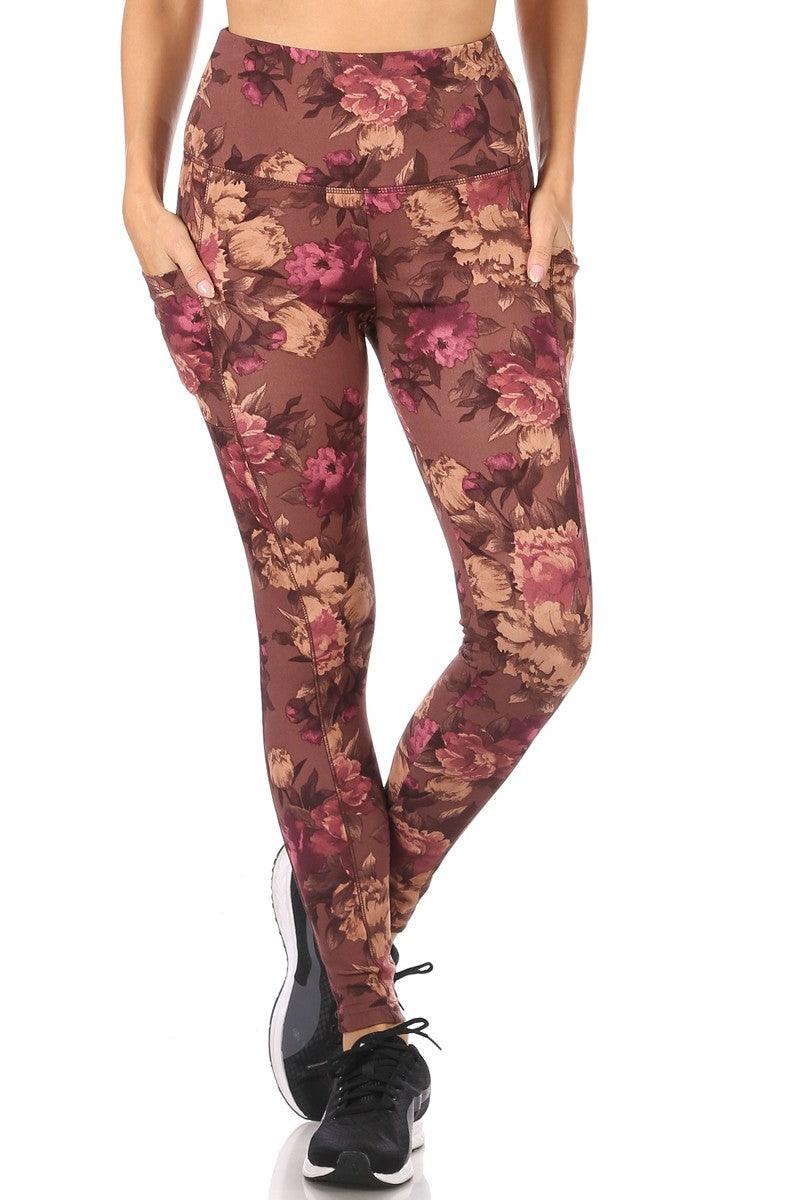 Tummy Control Butt Sculpting Sport Leggings With Pockets - Camel Brown &  Burgundy Floral
